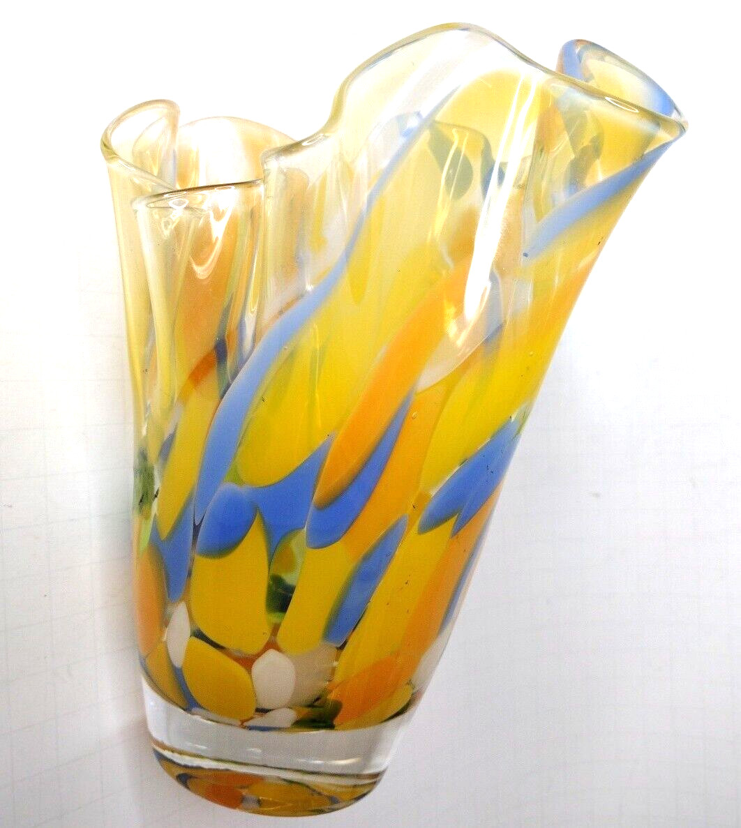 Hand Blown in Poland Ruffled Top Clear Glass VASE with Yellow, Blue, White