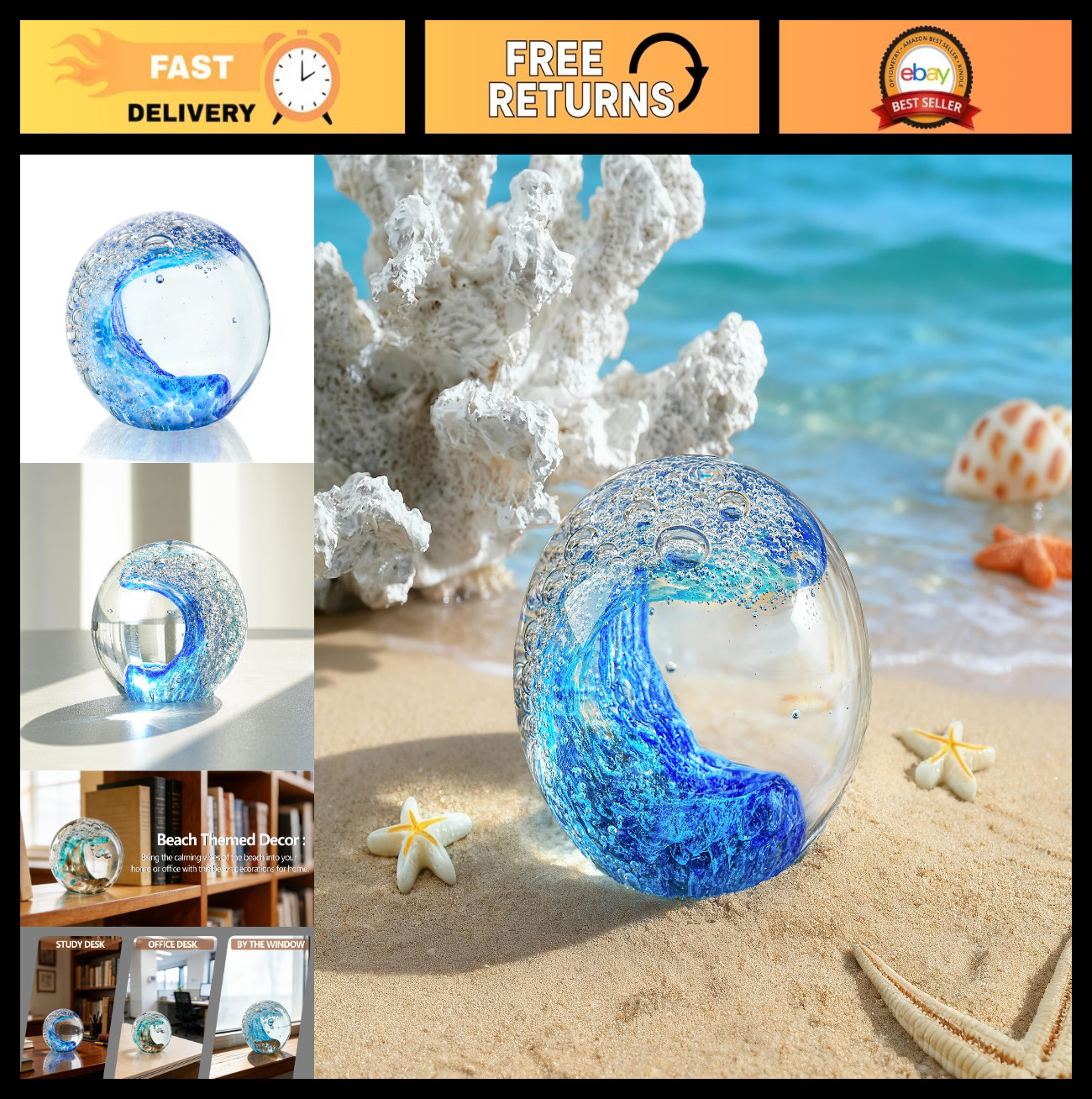 Ocean Wave Glass Ball 2.3″ – Blue Sea Wave Crystal Paperweight, Nautical Decor,