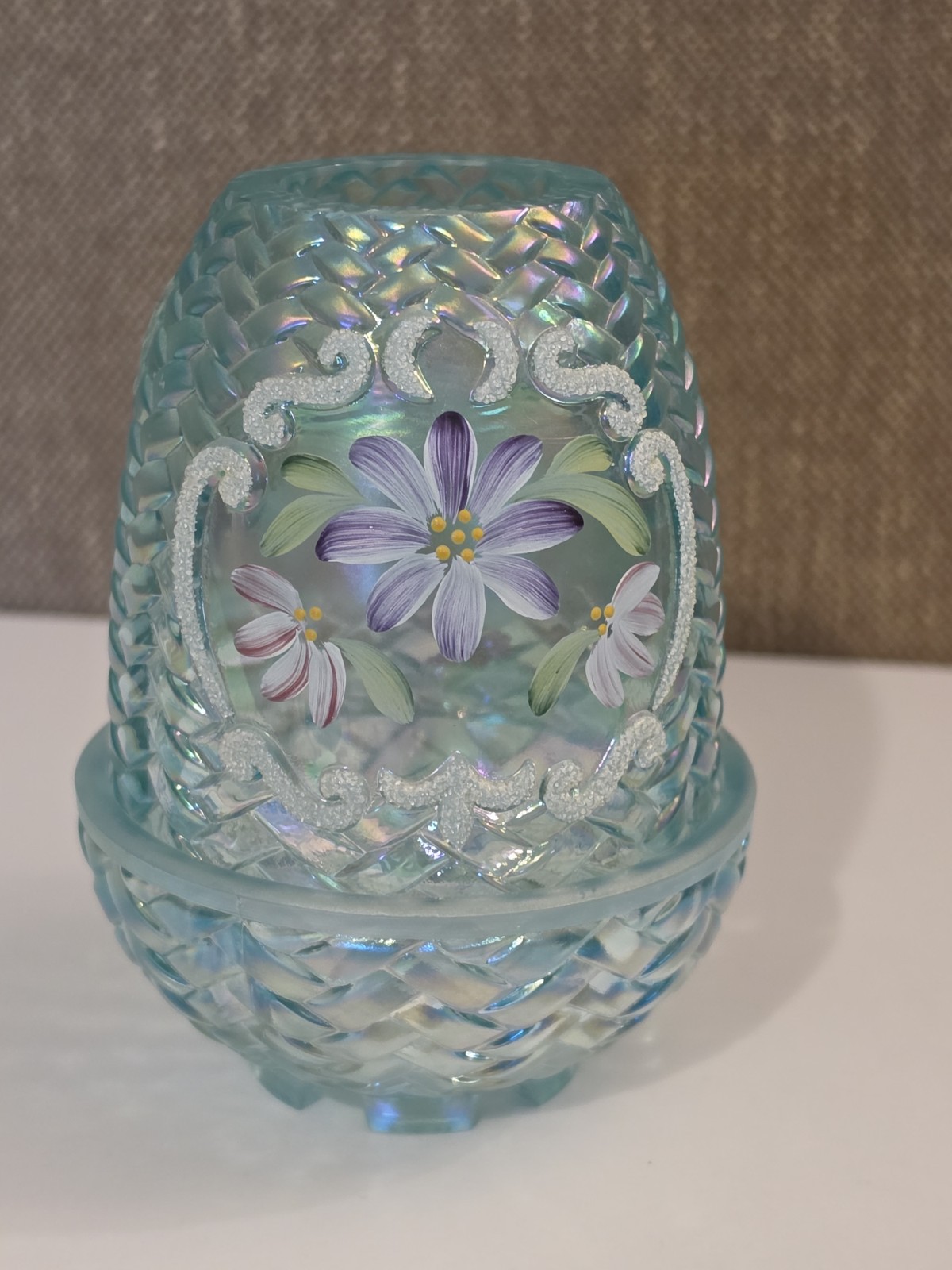 Blue / Aquamarine Fenton Fairy Lamp Basketweave Handpainted