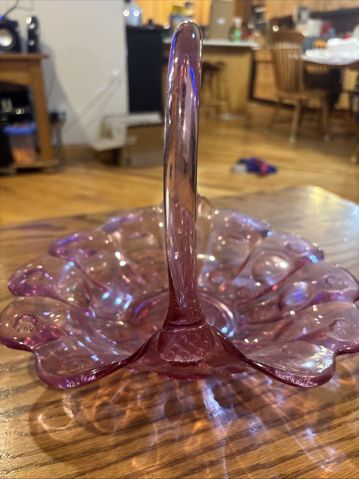Fenton Basket Pink Purple Dusty Rose Large Moons Stars Handle Scalloped Server