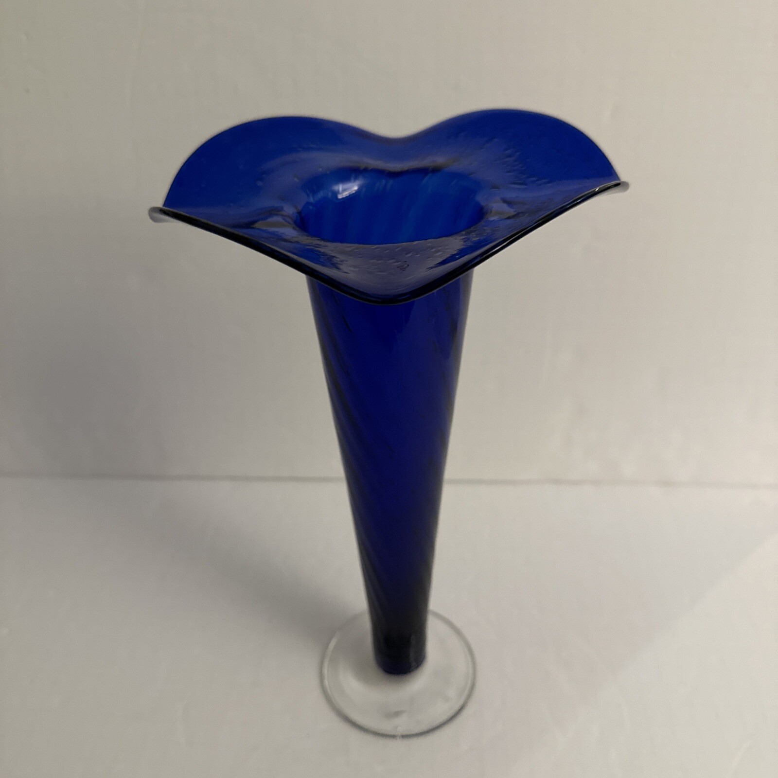 Handcrafted Cobalt Blue Blown Glass Swirl Lily Vase With Clear Base & Bubbles