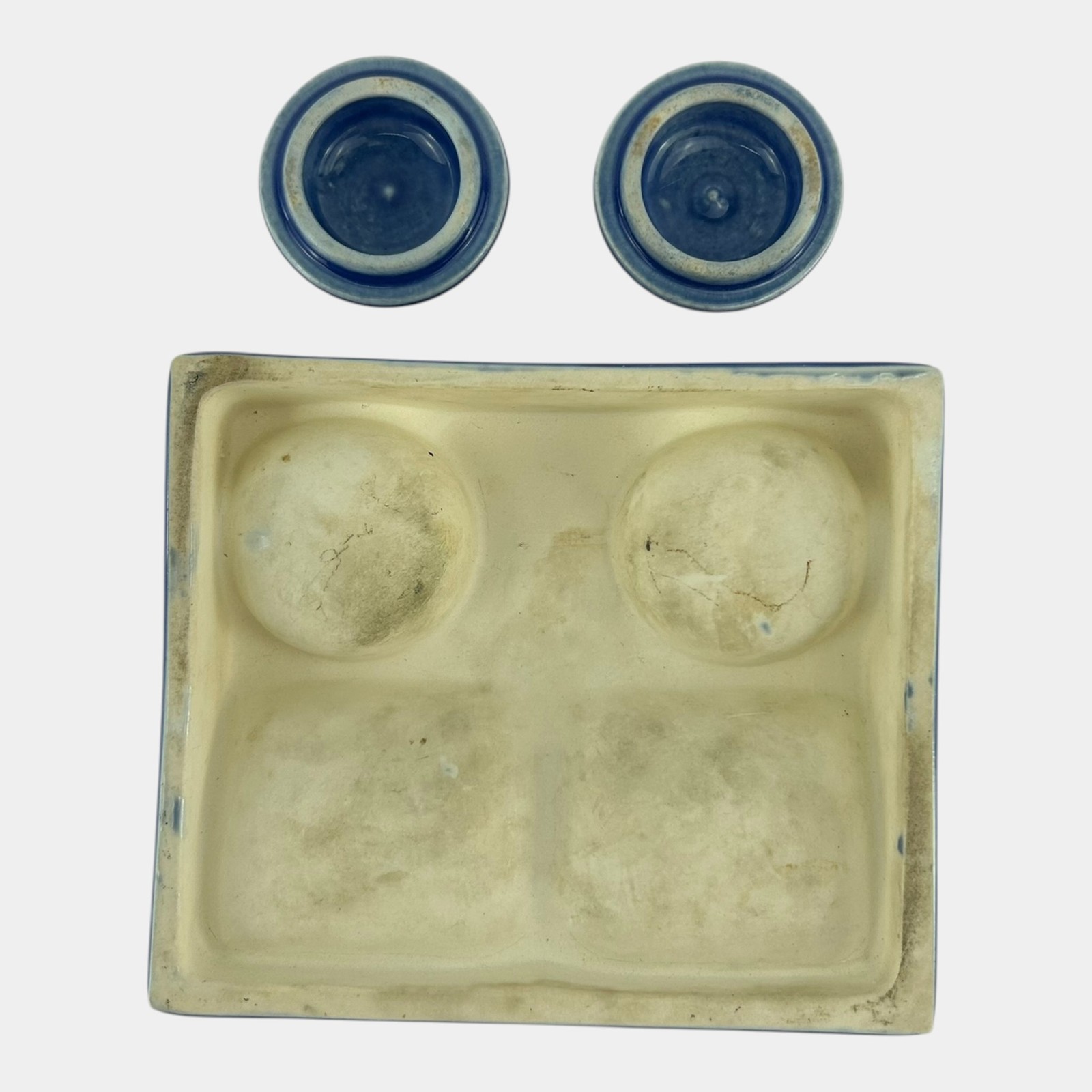 American Encaustic Tile Co AETCO Art Pottery Blue Advertising Ceramic Inkwell