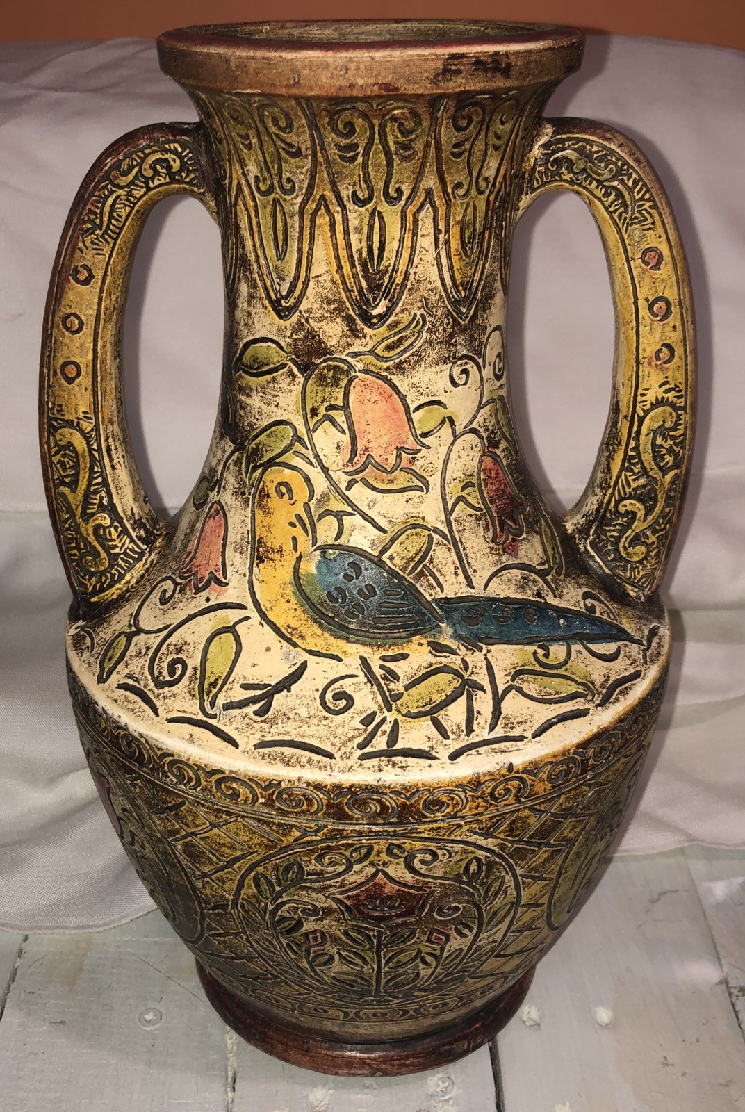 Antique Majolica Persian Style Pottery Double Handled Vase