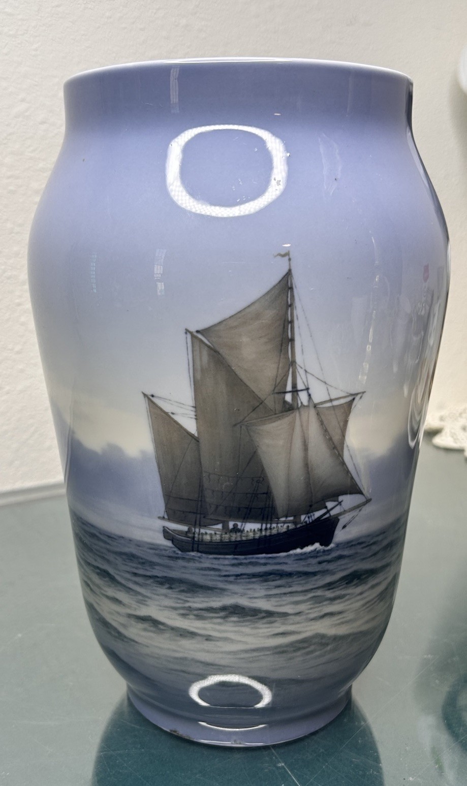 Old Royal Copenhagen Large Vase Motor And Sailing Ship Sea Height 25cm 2175/1217