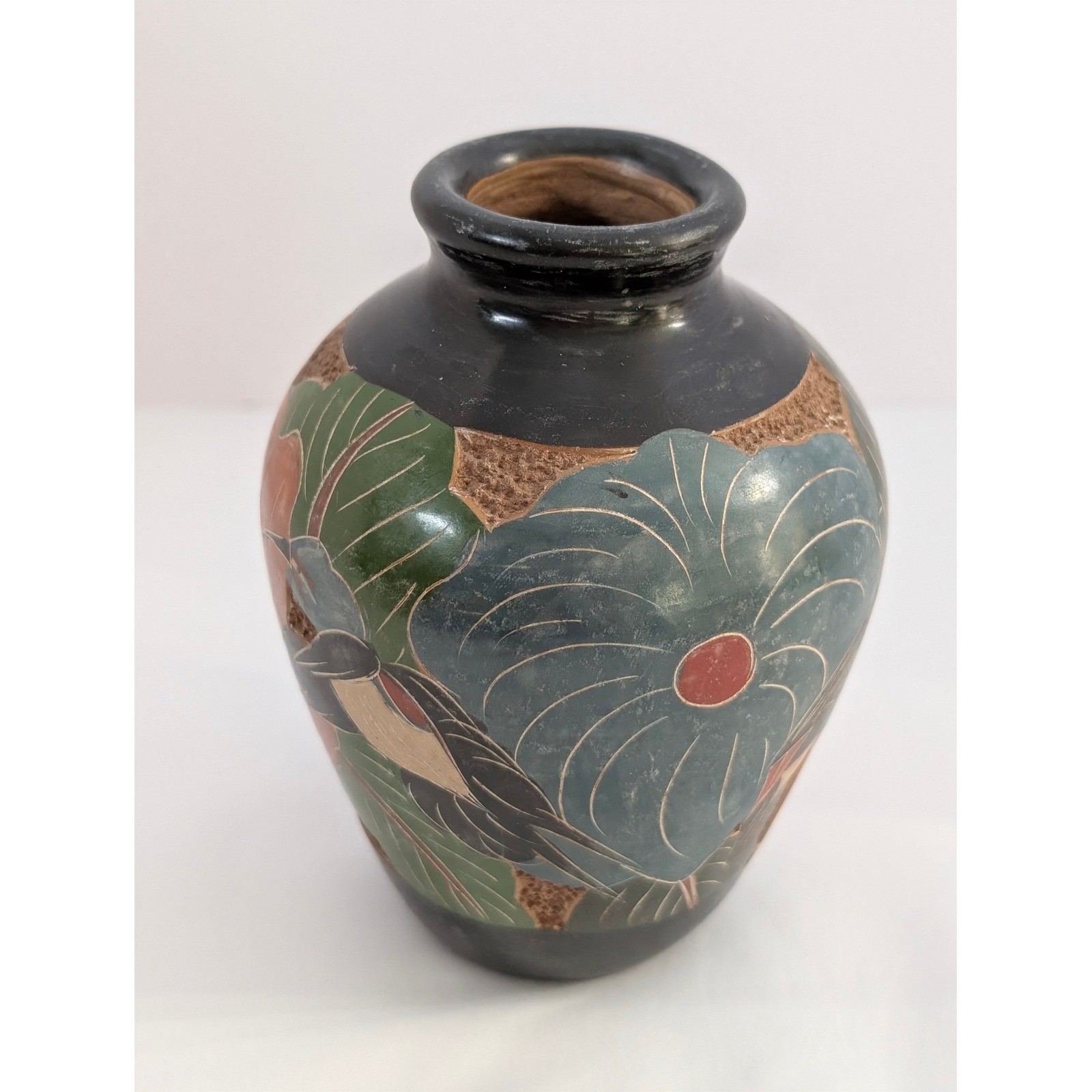 Vintage Folk Art Pottery Vase Bird Butterfly Flowers Black Clay Sgraffito
