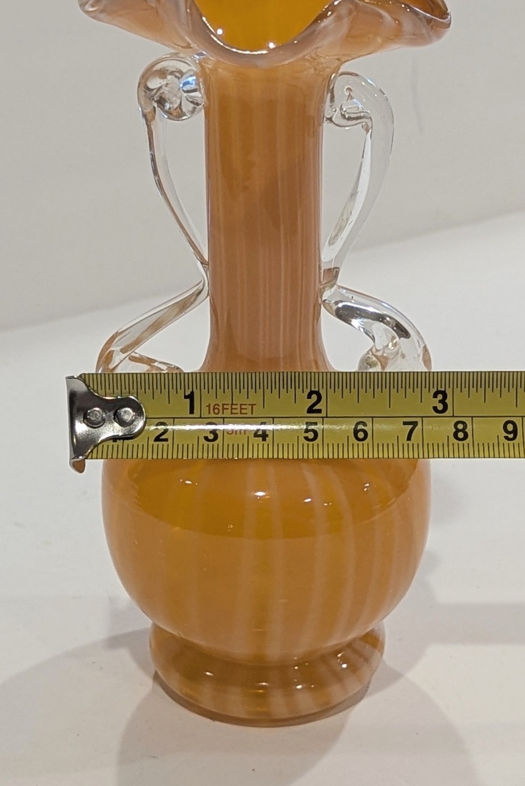 Vintage Murano Style Orange Peach White Striped Swirl Art Glass Bud Vase 6.25″
