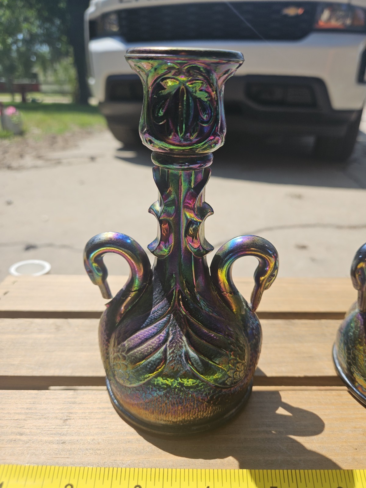 VINTAGE FENTON IRIDESCENT AMETHYST CARNIVAL GLASS SWAN CANDLESTICK. Read Below!
