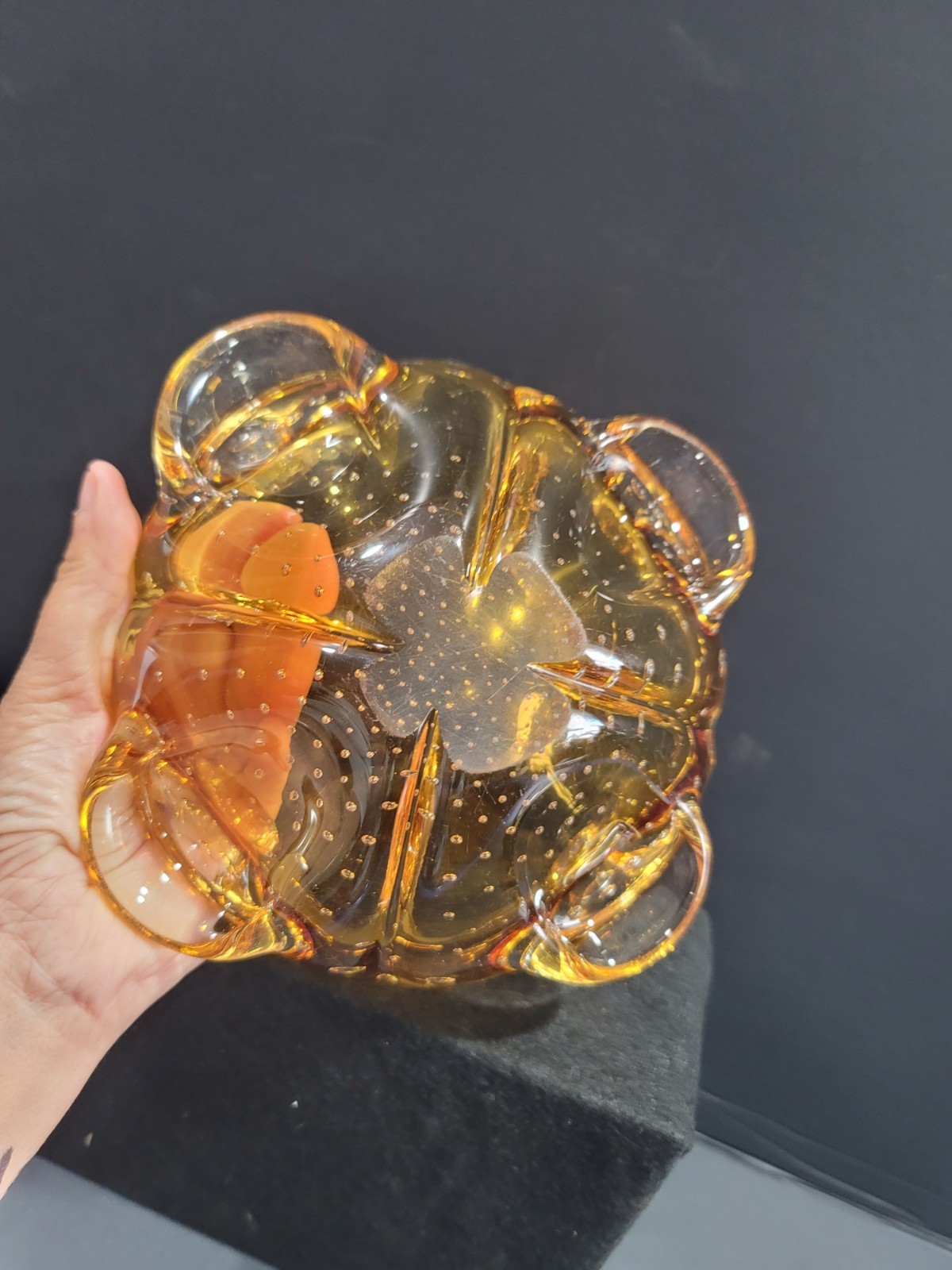 Vintage Murano Bullicante Controlled Bubble Art Glass Amber And Clear Ashtray