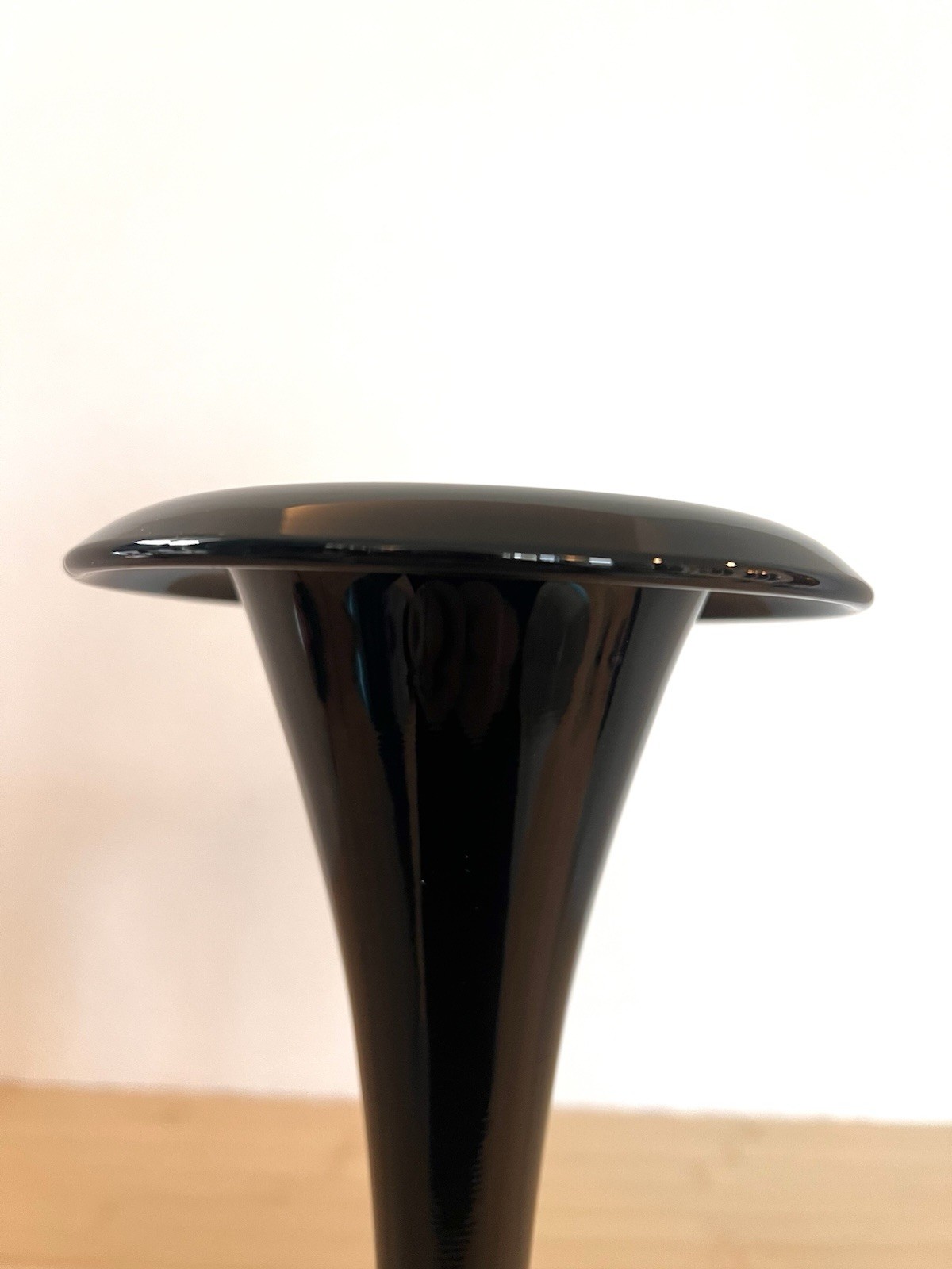 Vintage Black Amethyst Trumpet Vase Art Deco Ebony Rolled Rim Elegant Glass 9”