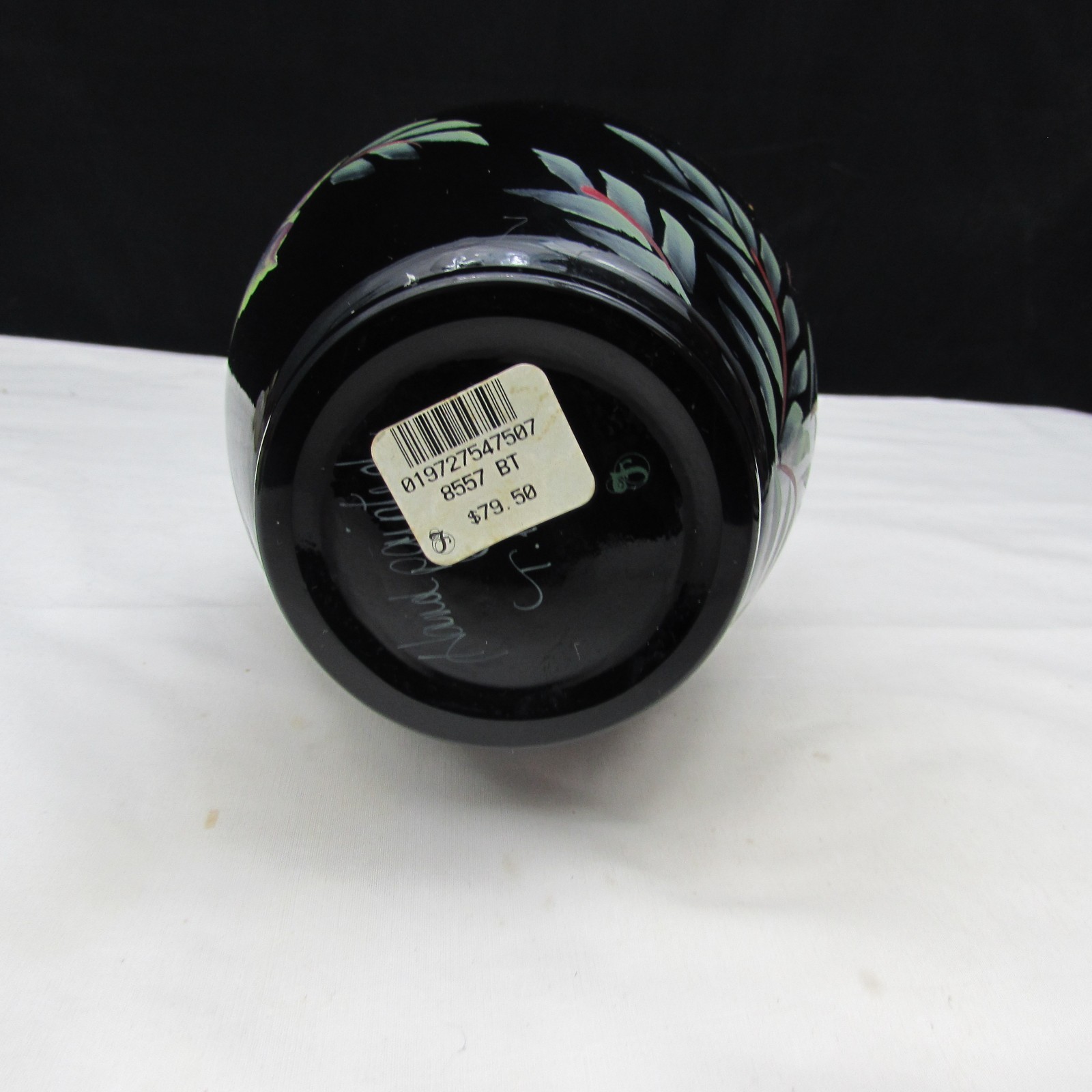 Fenton Black Tropical Forest Hand Painted Vase Special Order 2000 W641