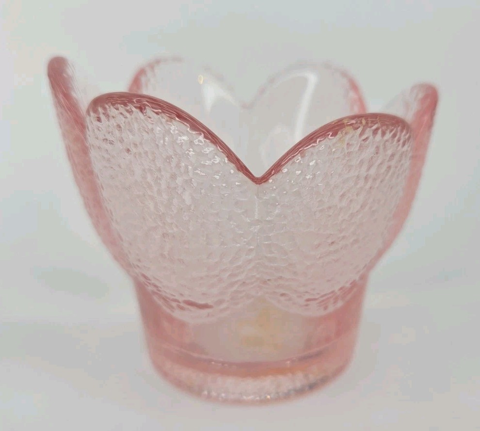 Vtg Viking Glass Glimmer Lotus Petal Votive Holder Pink Textured MCM Art Glass