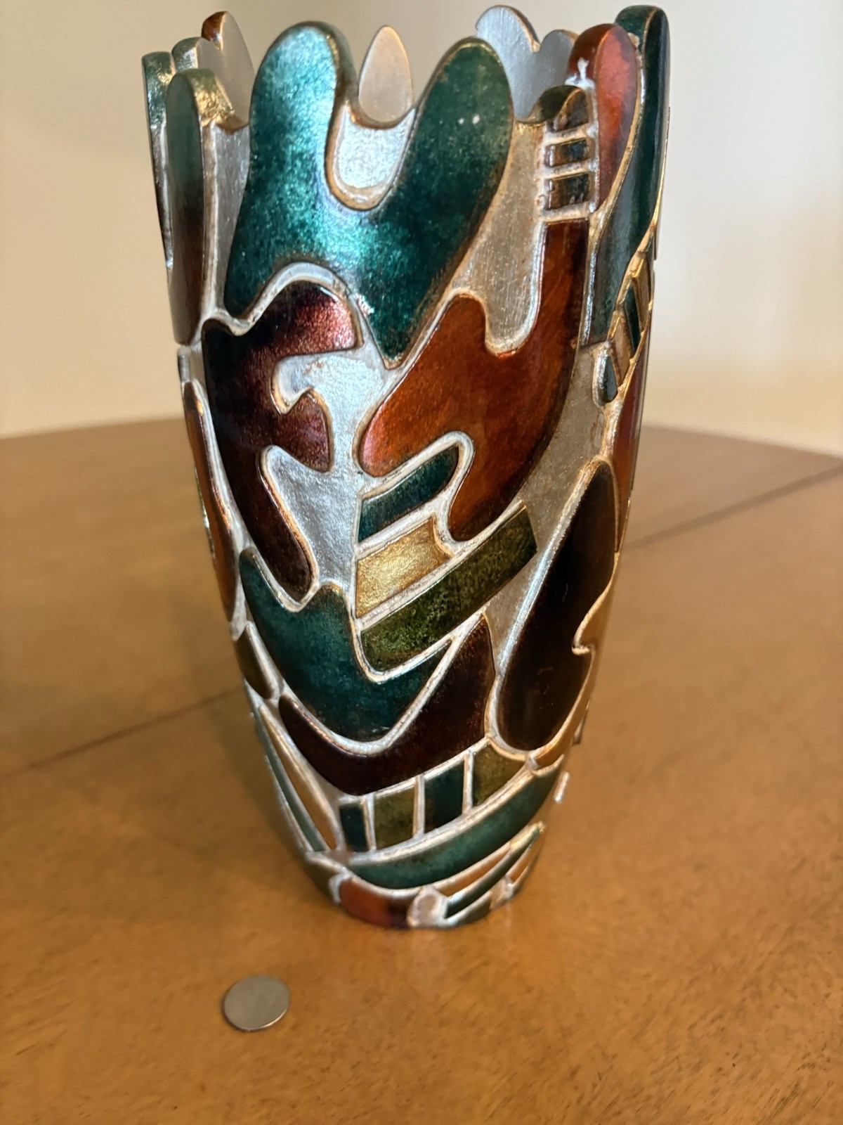 Mod Abstract Picassoesque Flower Vase Colorful Festival 9.75″ Metallic