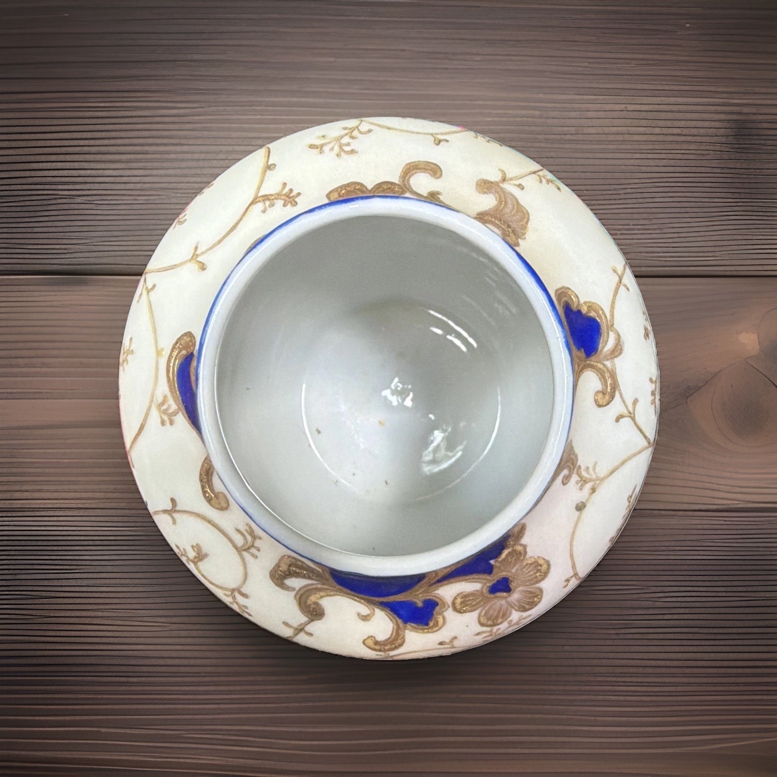 Cream Bone China Vase Glossy Finish, Blue Rim, Gold Floral Scroll Vine Design