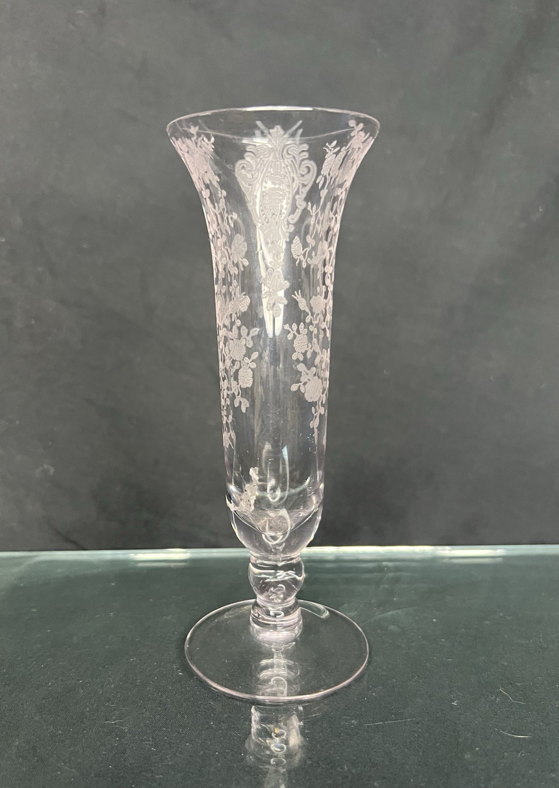 Vtg Cambridge Heatherbloom Rose Point Etched 6″ Trumpet Bud Vase Rare Color