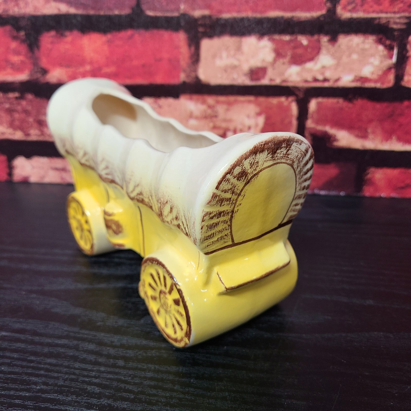 Vintage Ceramic Covered Wagon Planter Yellow Cream Brown Decorative 6 3/4 Long