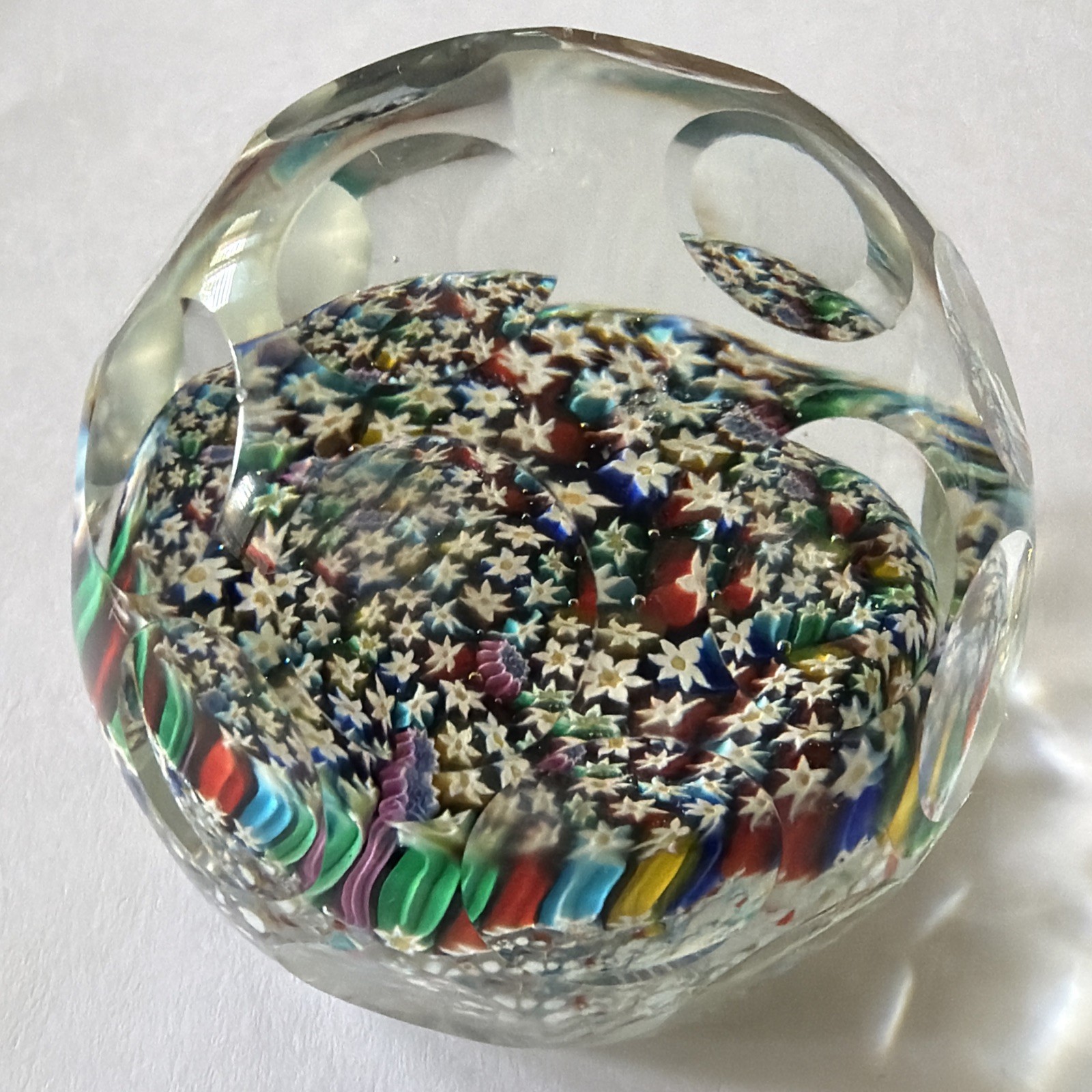 Sulfide Cut Crystal Paperweight Millefiori Flowers 20th Century 2.5”