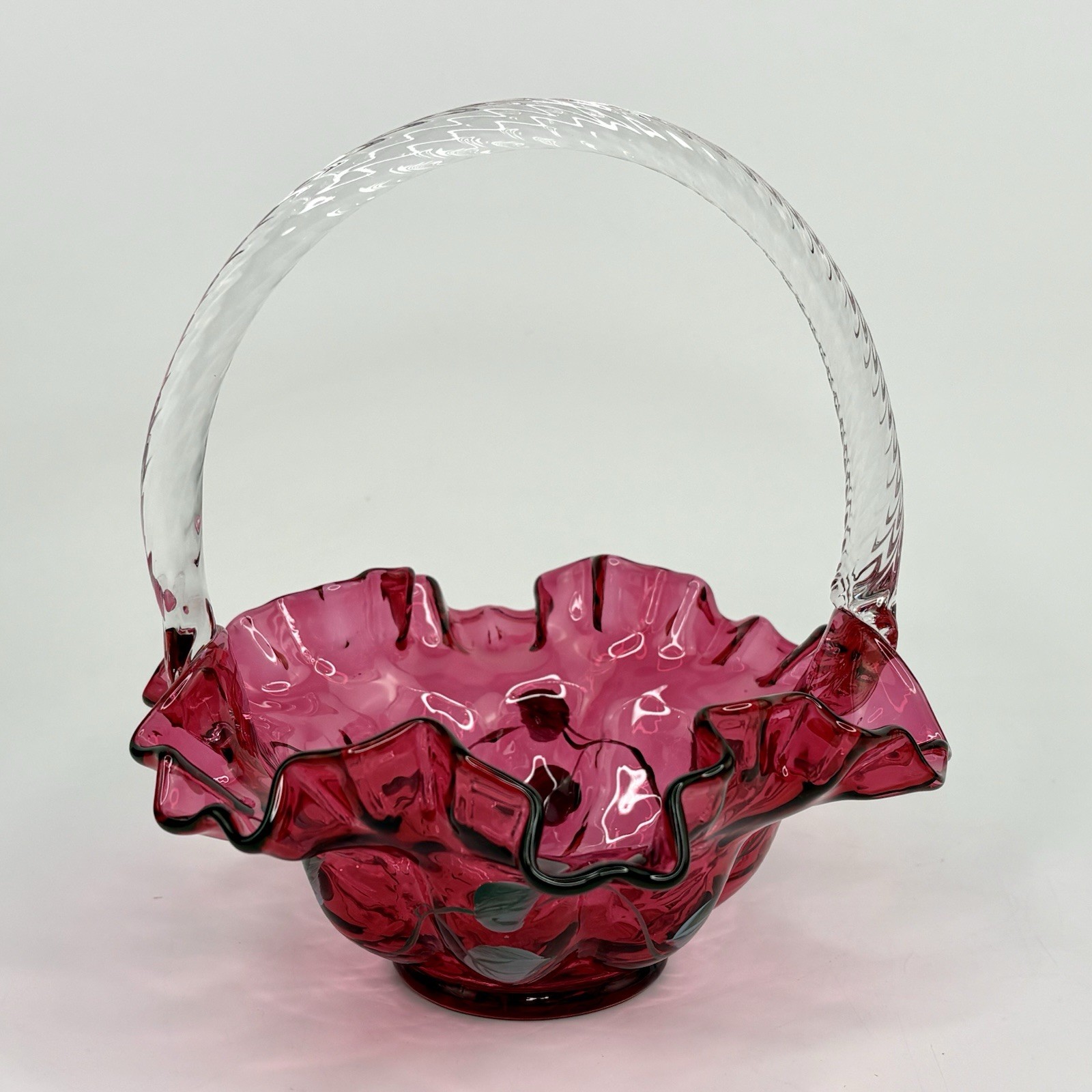 Vtg Fenton Cranberry Art Glass Ruffled Basket Vase Floral Painted by D. Barbour