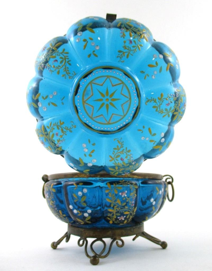 Antique JEWELRY Box – Sapphire BLUE art glass hp Enamel, brass feet – BOHEMIAN