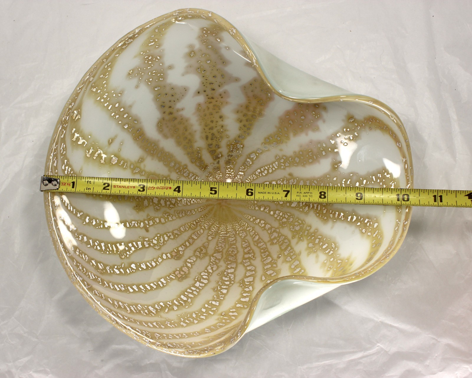 Vintage Authentic Murano Curved Bowl White Silver Leaf Gold Stripe 10″ Italy