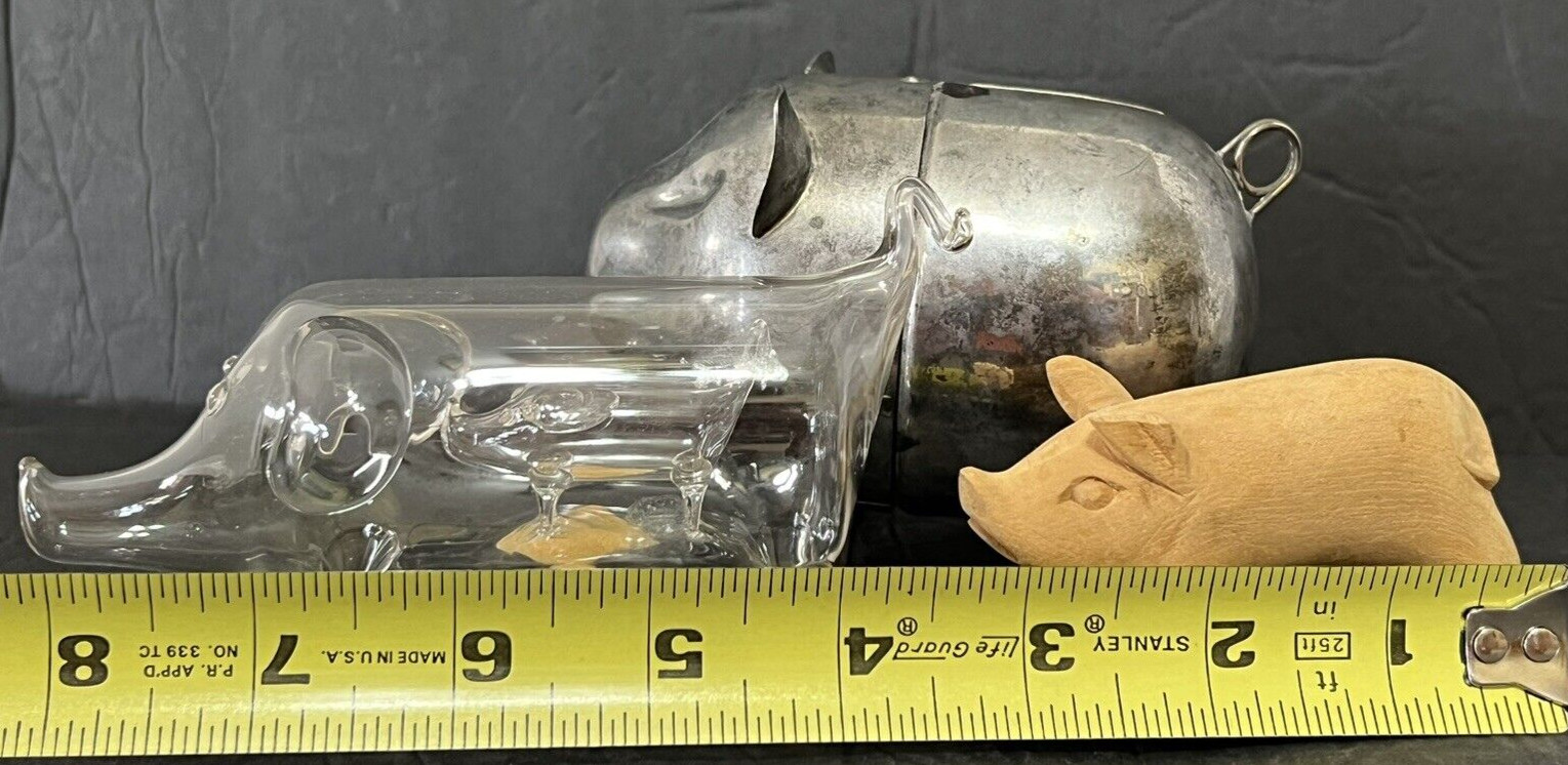 3 VTG PIG FIGURES HANDBLOWN GLASS W/BABY PIG IN BELLY SILVERTONE BANK WOODCARVED