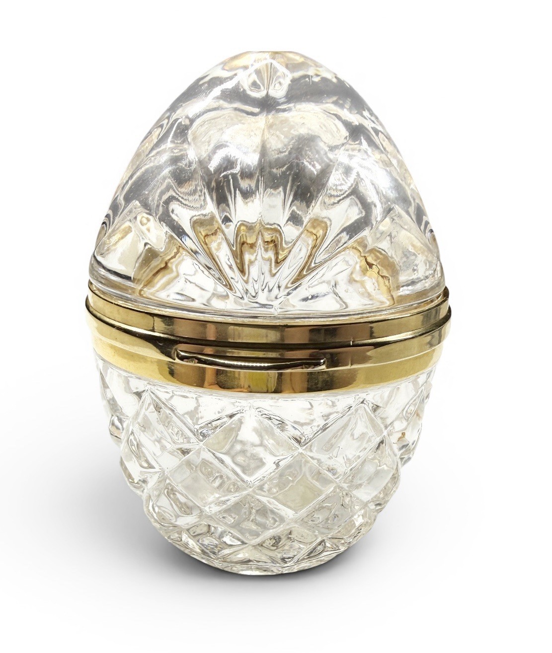 TITLE: Lead Crystal Hinged Egg Trinket Box 24% Gold Tone Brass Made in Taiwan