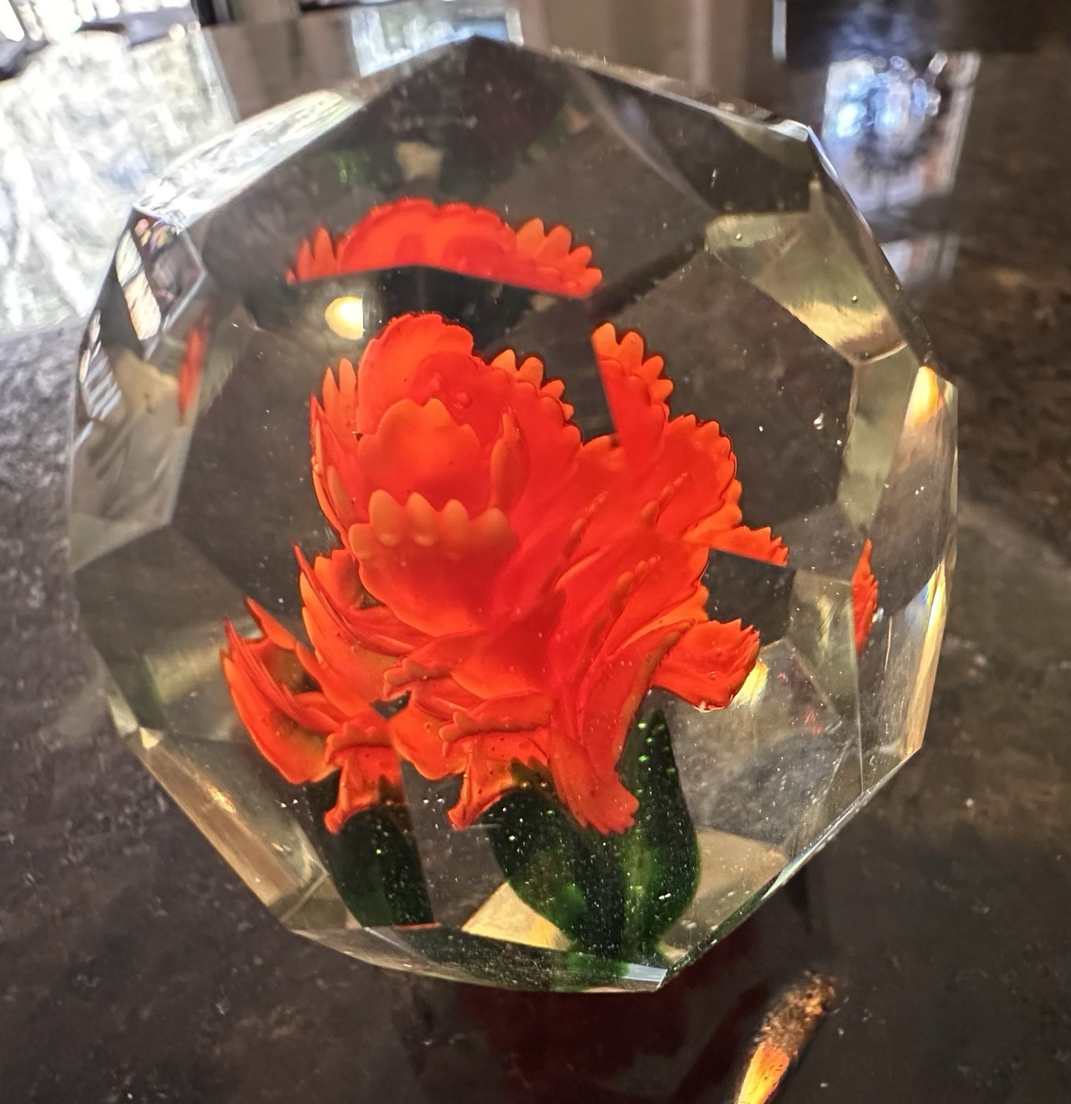 1970s Chinese Faceted Lampwork Clear Glass Paperweight With Red Flowers