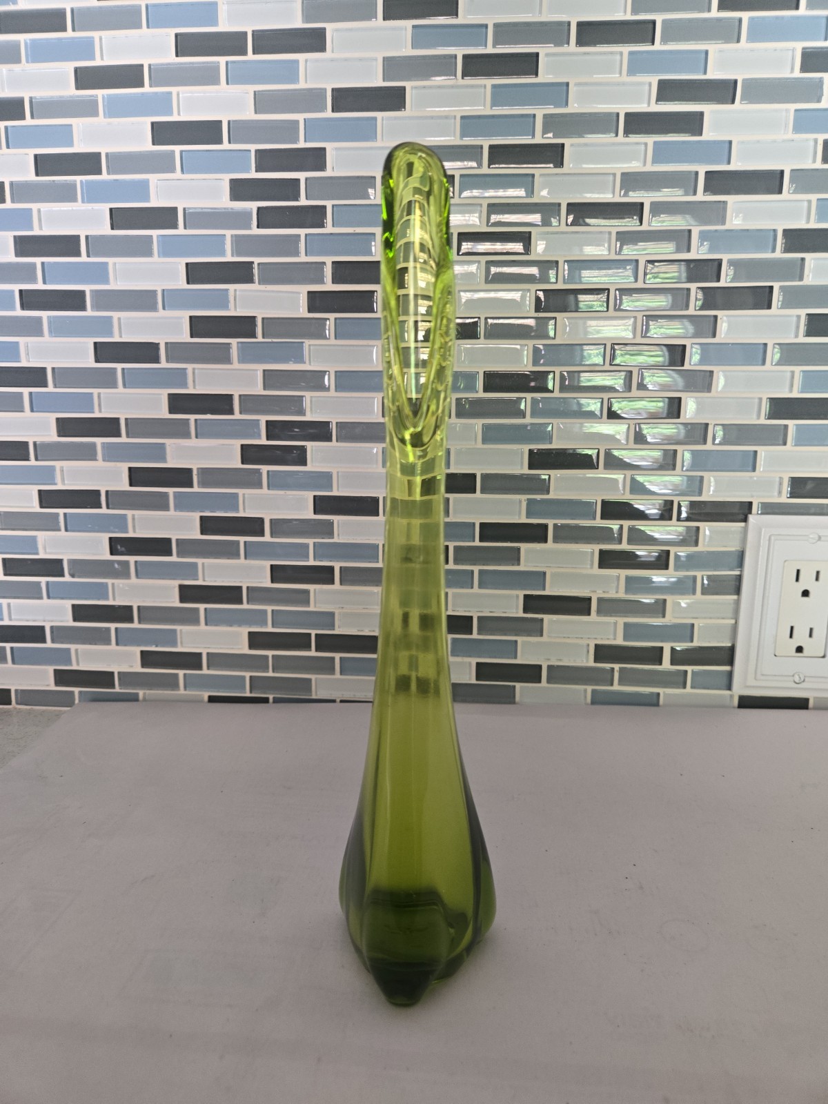 Vintage MCM Viking Glass 12 1/2” Epic Bud Vase Swung Vase Avocado Green Stunning