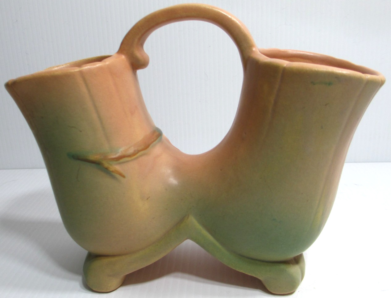Vintage Weller Pottery Double Vase Handle Wild Rose Peach Green 6 1/4″ Tall