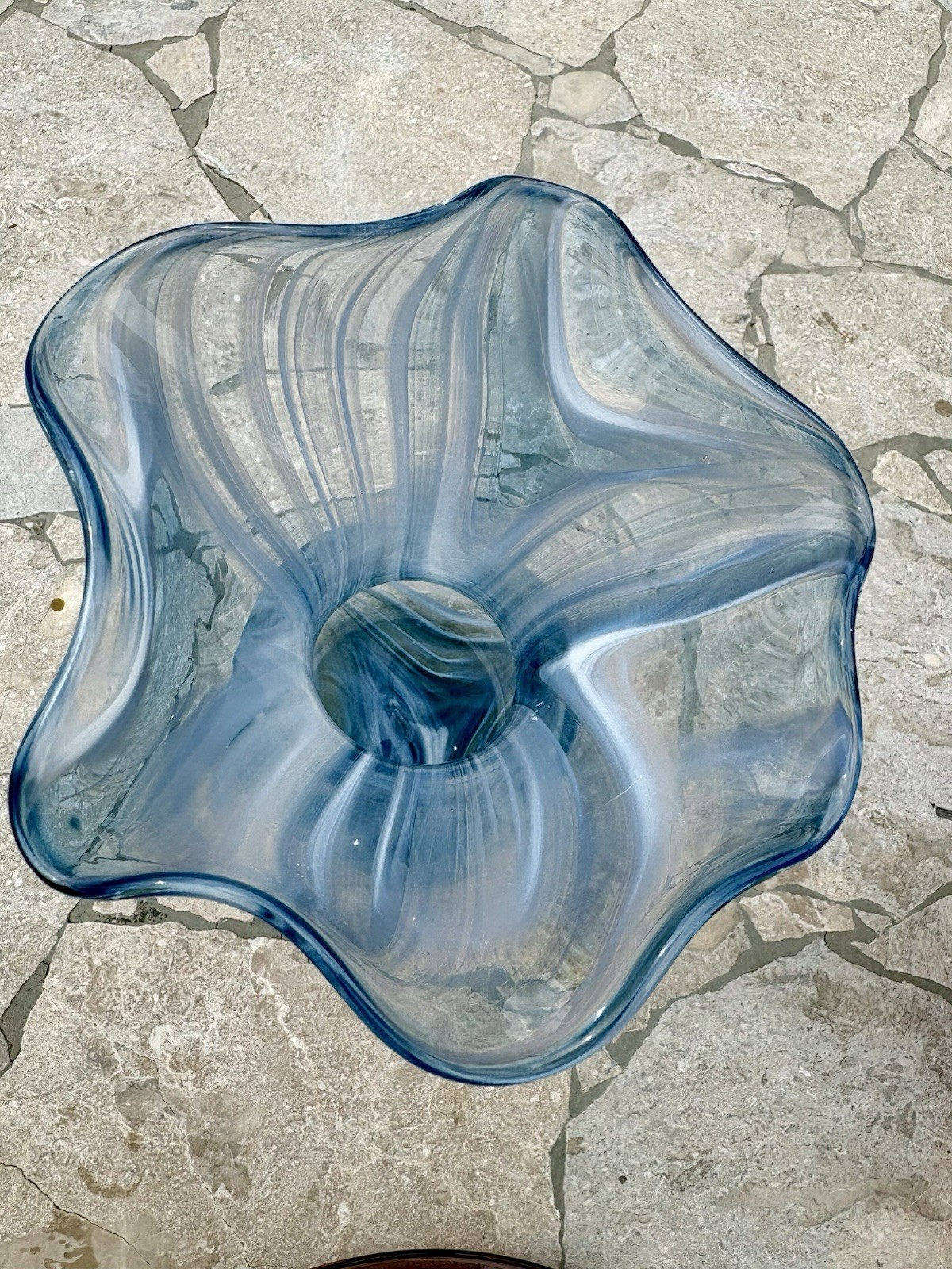 Vtg Signed New Morning Glass Studio Handblown Ocean Blue Swirl Waves Ruffle Vase