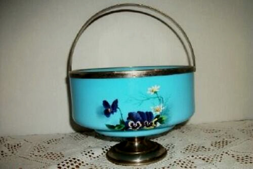 1890s French Blue Opaline Glass Basket HP Pansies Handblown Silverplate Mounts