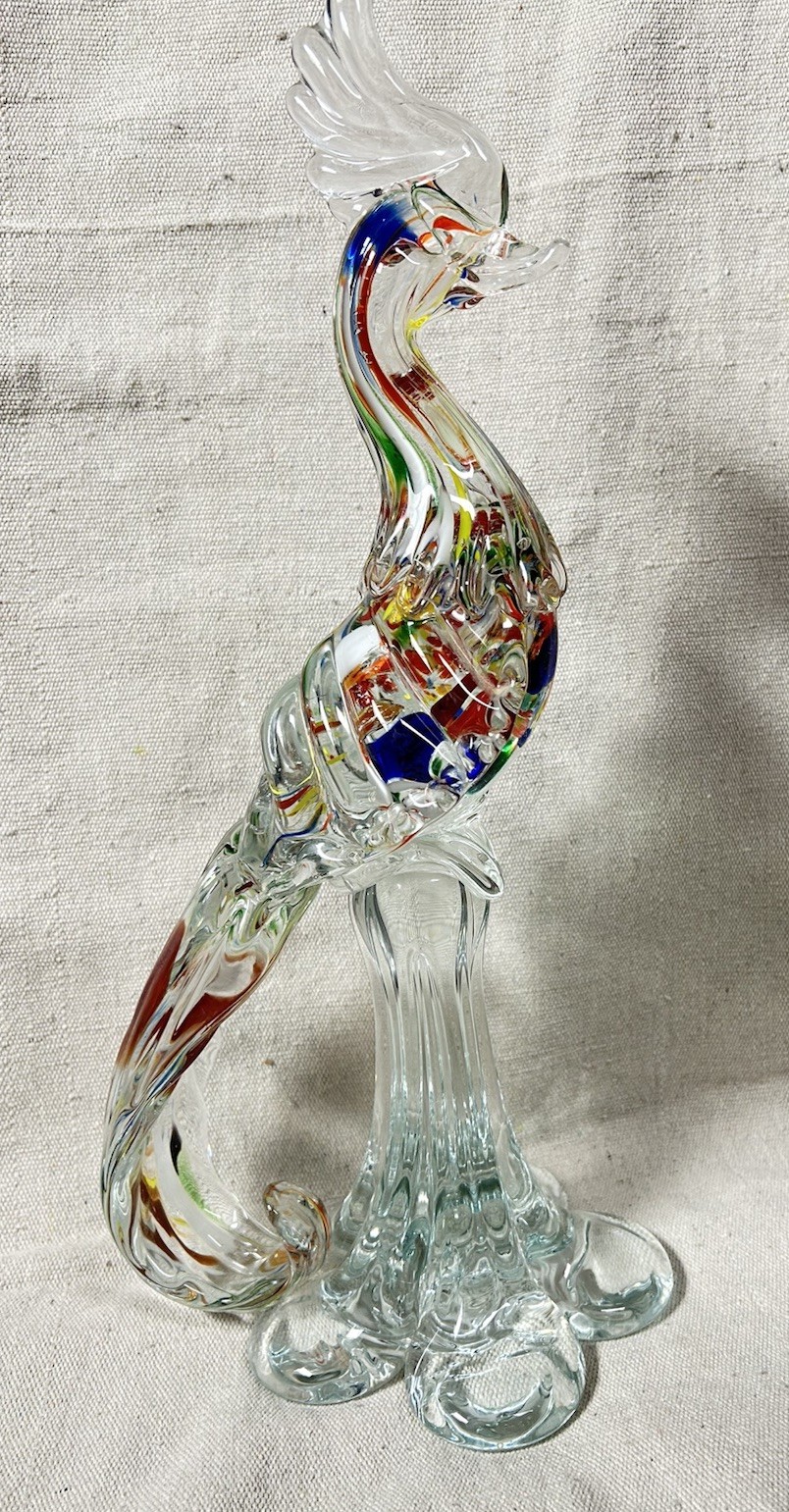 Mid Century Murano Style Art Glass Pheasant/Bird Figurine 15” Multi Colored