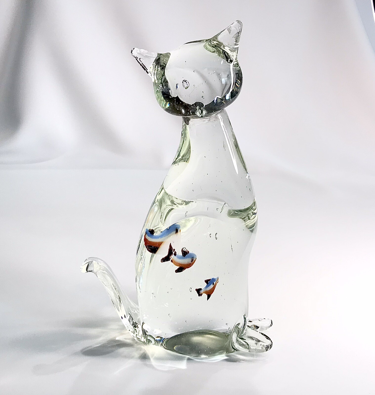 Vintage 8 3/4″ Hand Blown Art Glass Cat 2 Multi Color Fish in Belly 3.4 lb.