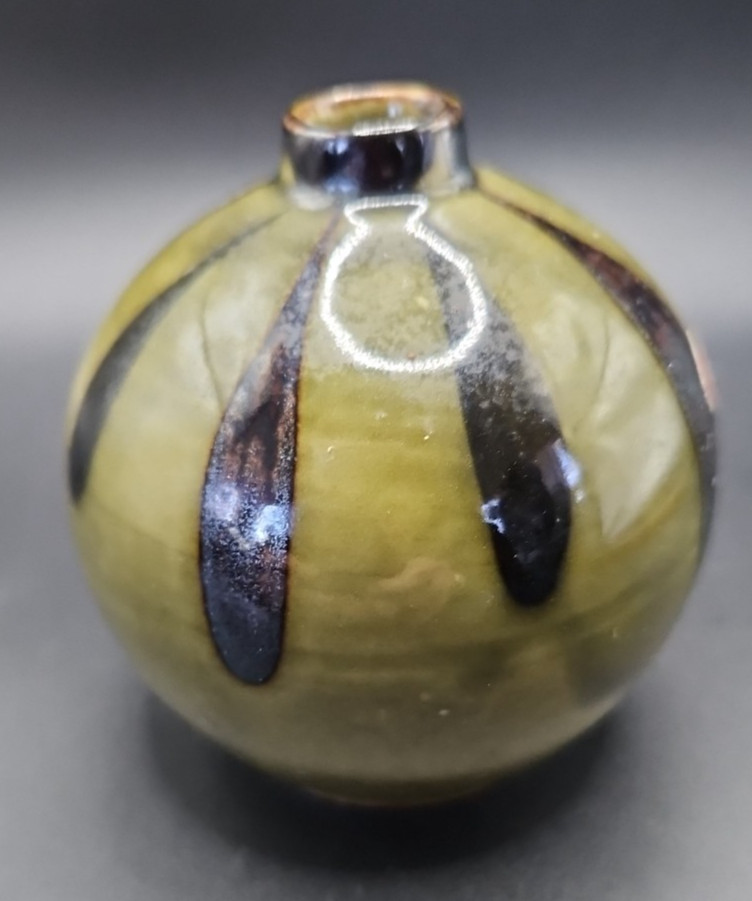 Small Vintage Ball Bud Vase Natural Green Metallic Glaze Mid Century Japanese