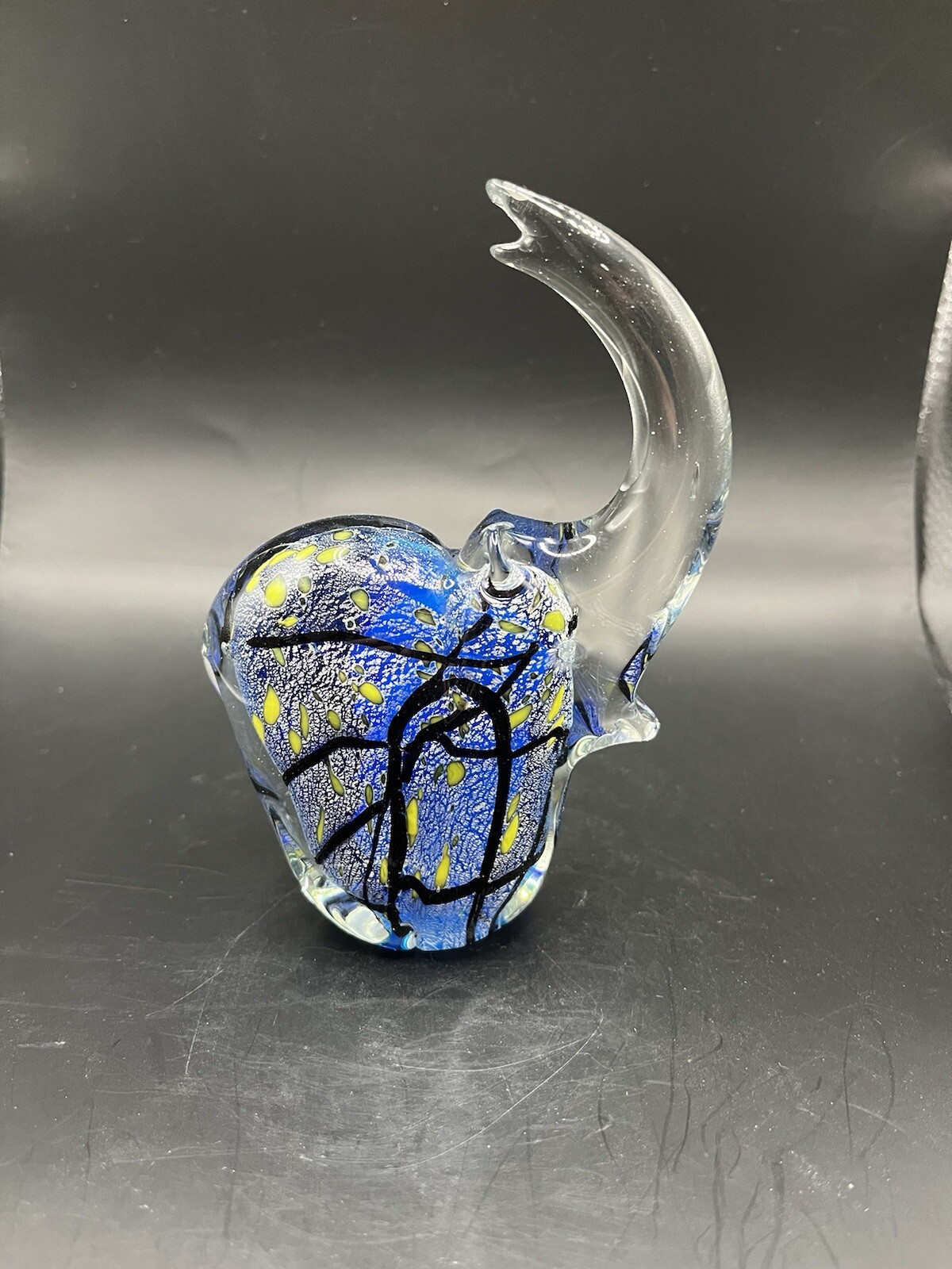 Art Glass Elephant Figurine Paperweight Trunk Up Blue Yellow Black Swirls