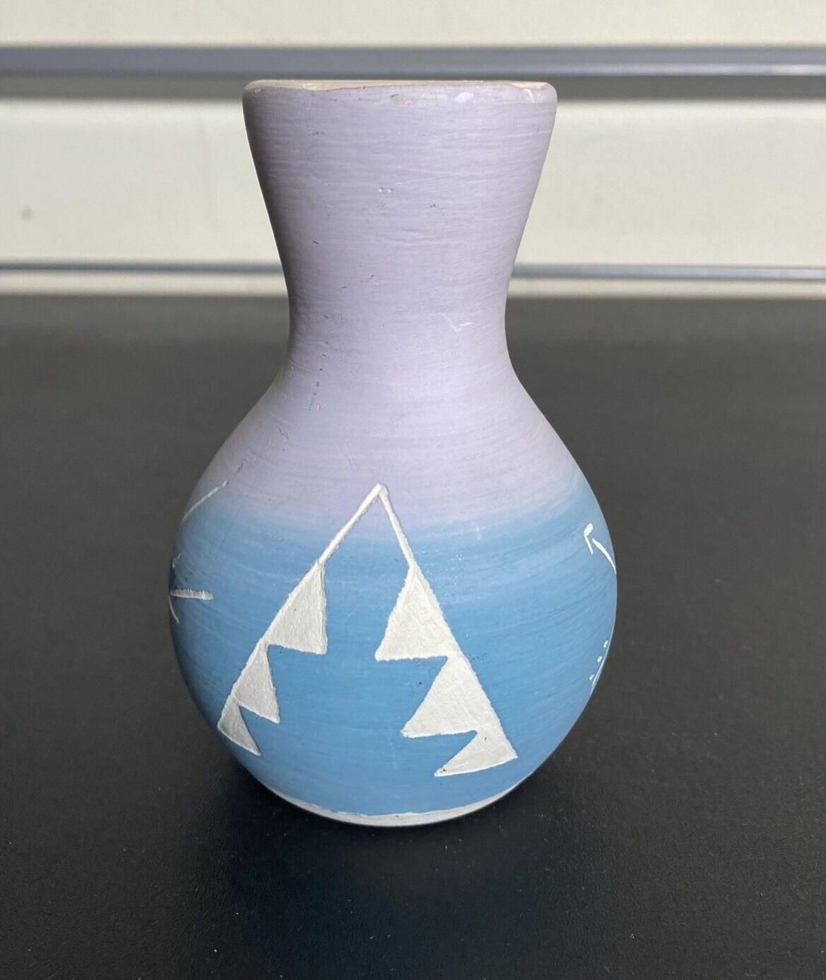 Clay Pottery Vase Signed 1999 Southwestern Blue Lavendar Arrow Sunset