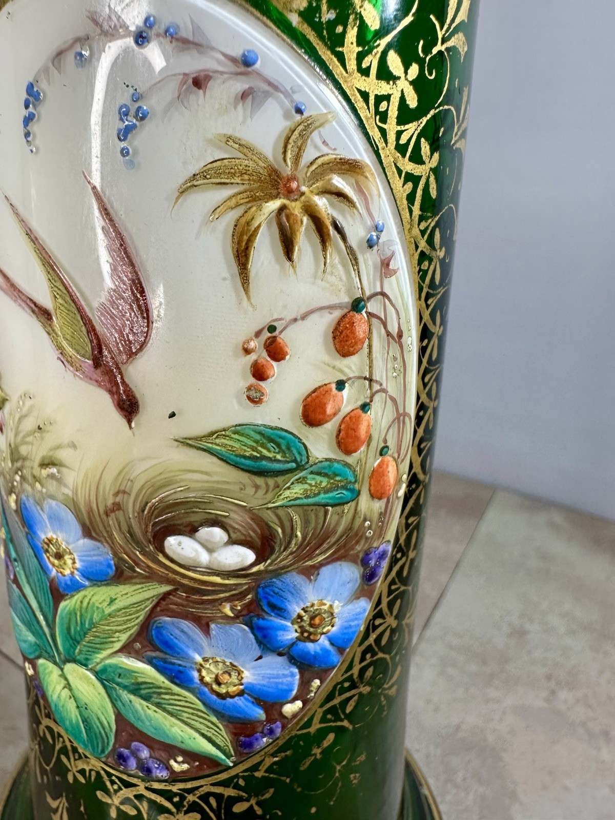Antique 19th C Moser Green Glass Bird & Flowers Gold Gilt Vase Applied Porcelain