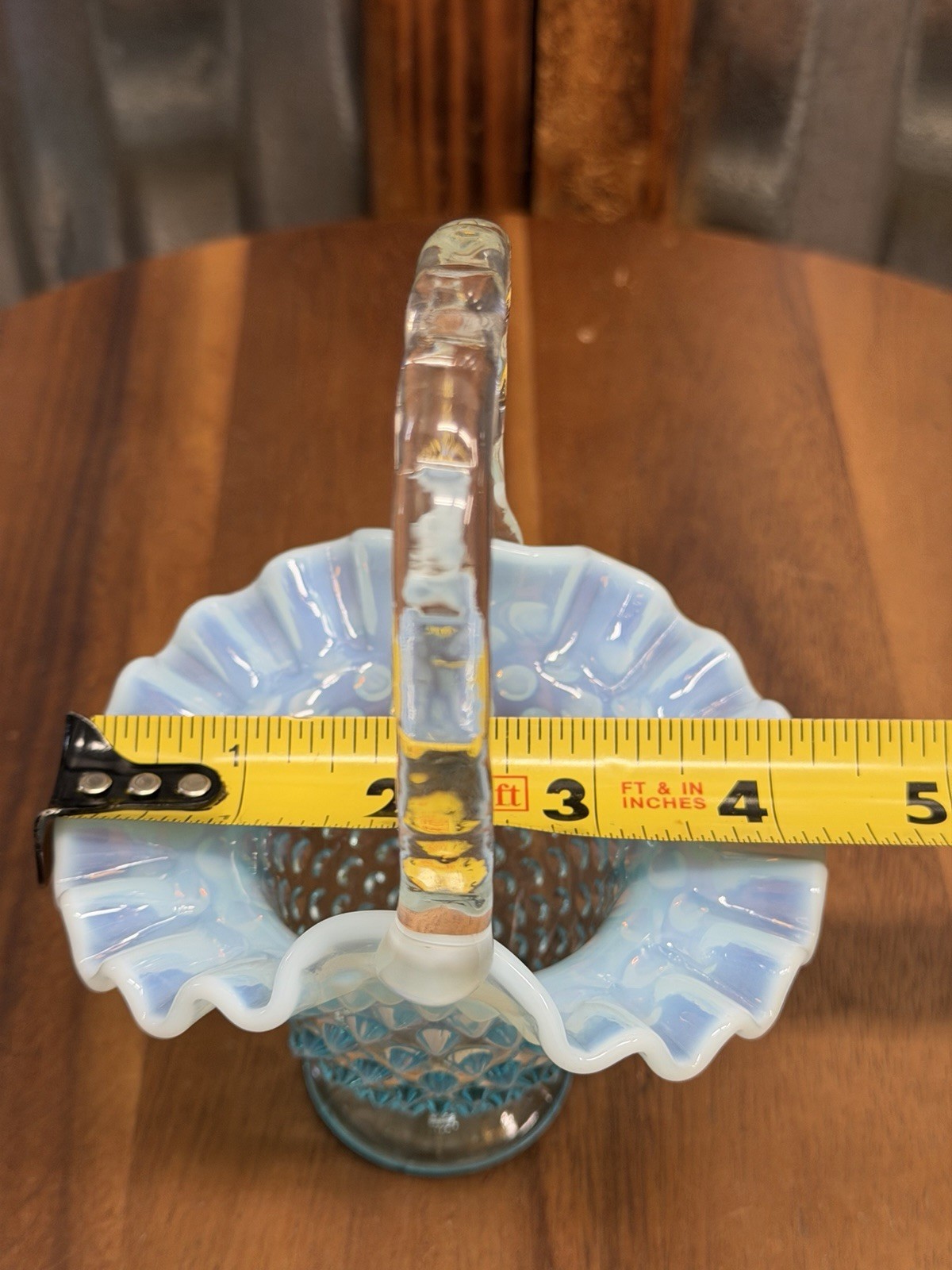 Vintage Aqua Opalescent Hobnail Glass Basket Ruffled Rim Applied Handle