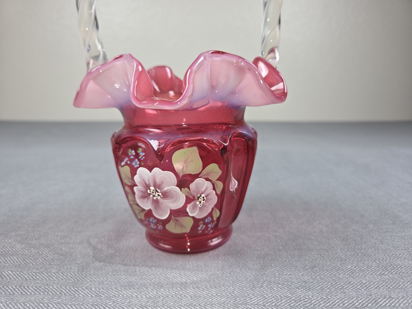 1994 Fenton Cranberry Opalescent Open Heart Arches Basket Hand Painted Floral