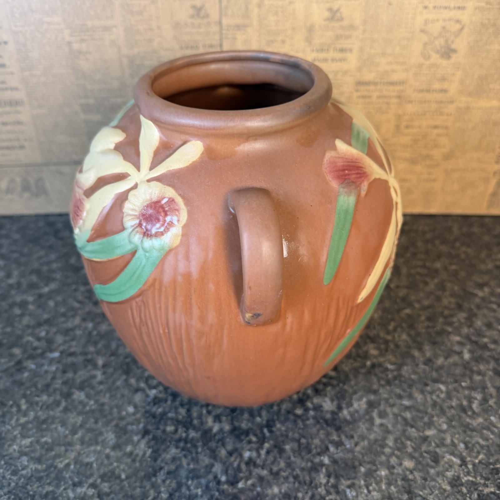 Vintage Pottery Orchid Two Handle Vase Brown Green Pink Art Deco