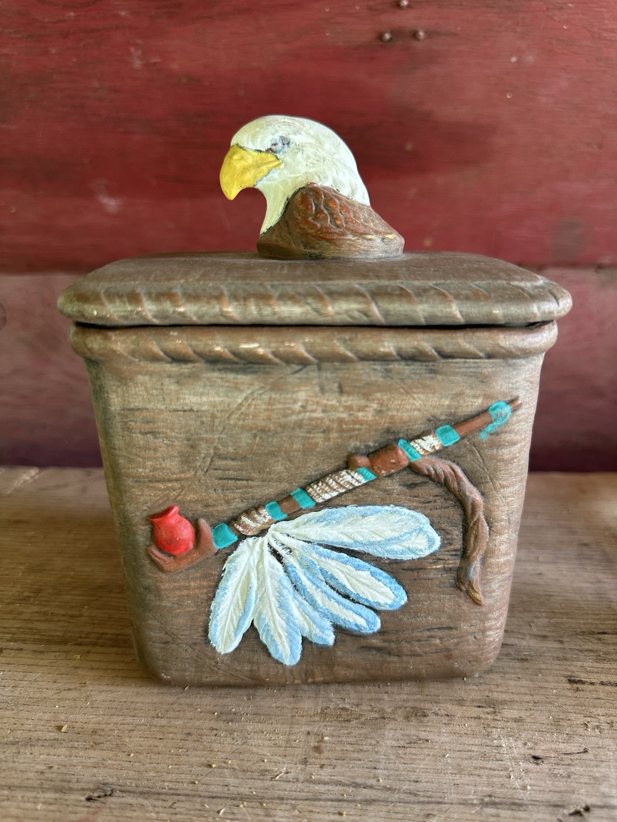 Native American Pottery Eagle / Indian / Pipe Trinket Box W/ Yellow Interior