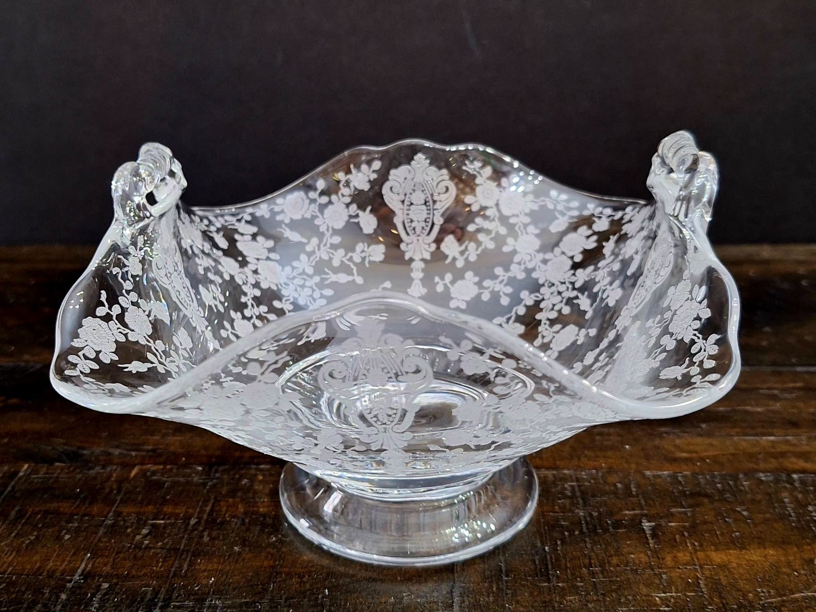 Cambridge Glass Co. Rose Point Crystal 6″ Square 2-Handled Footed Basket Bowl