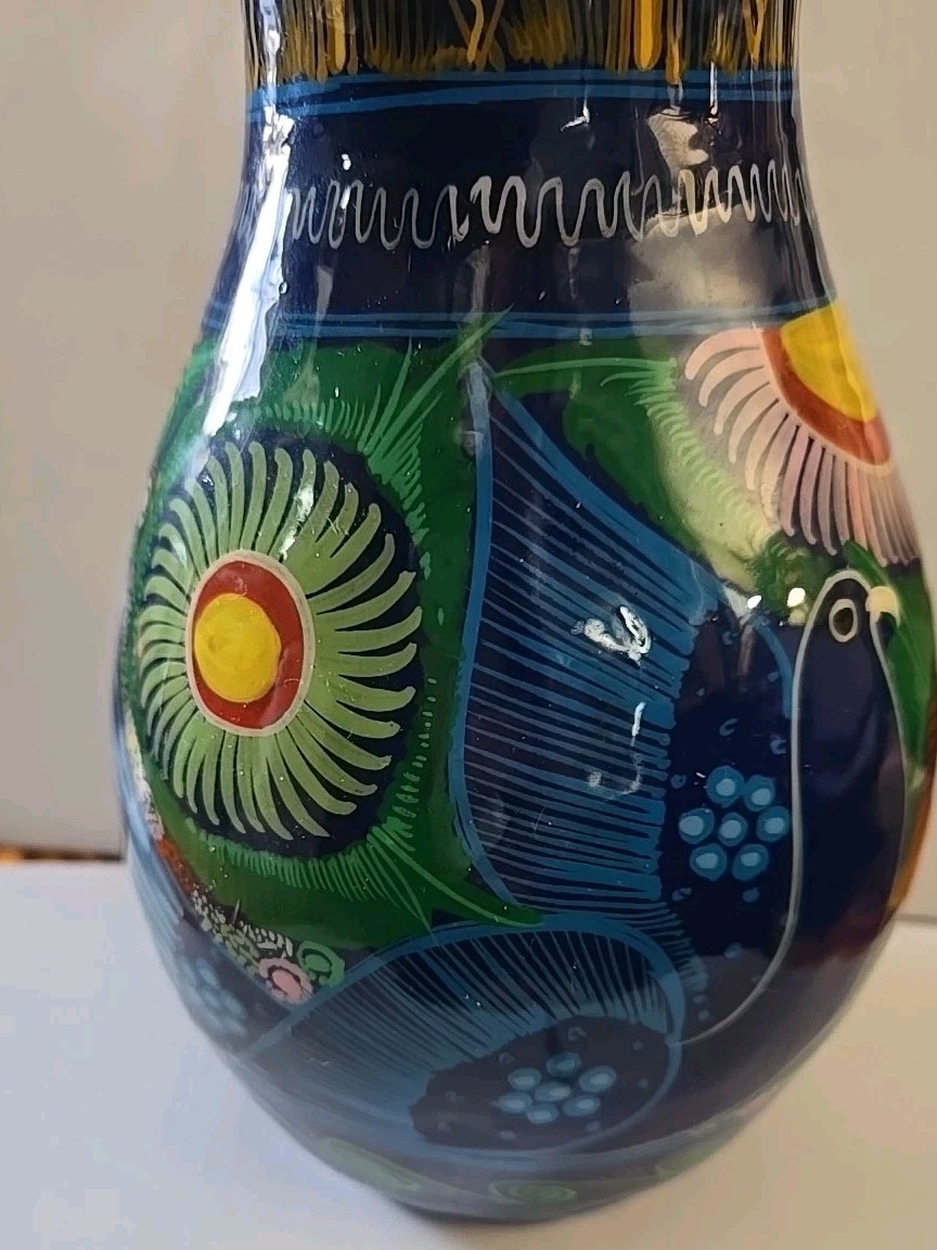 VTG Red Clay Pottery Vase Folk Art Hand Painted Birds Mexico Terracotta