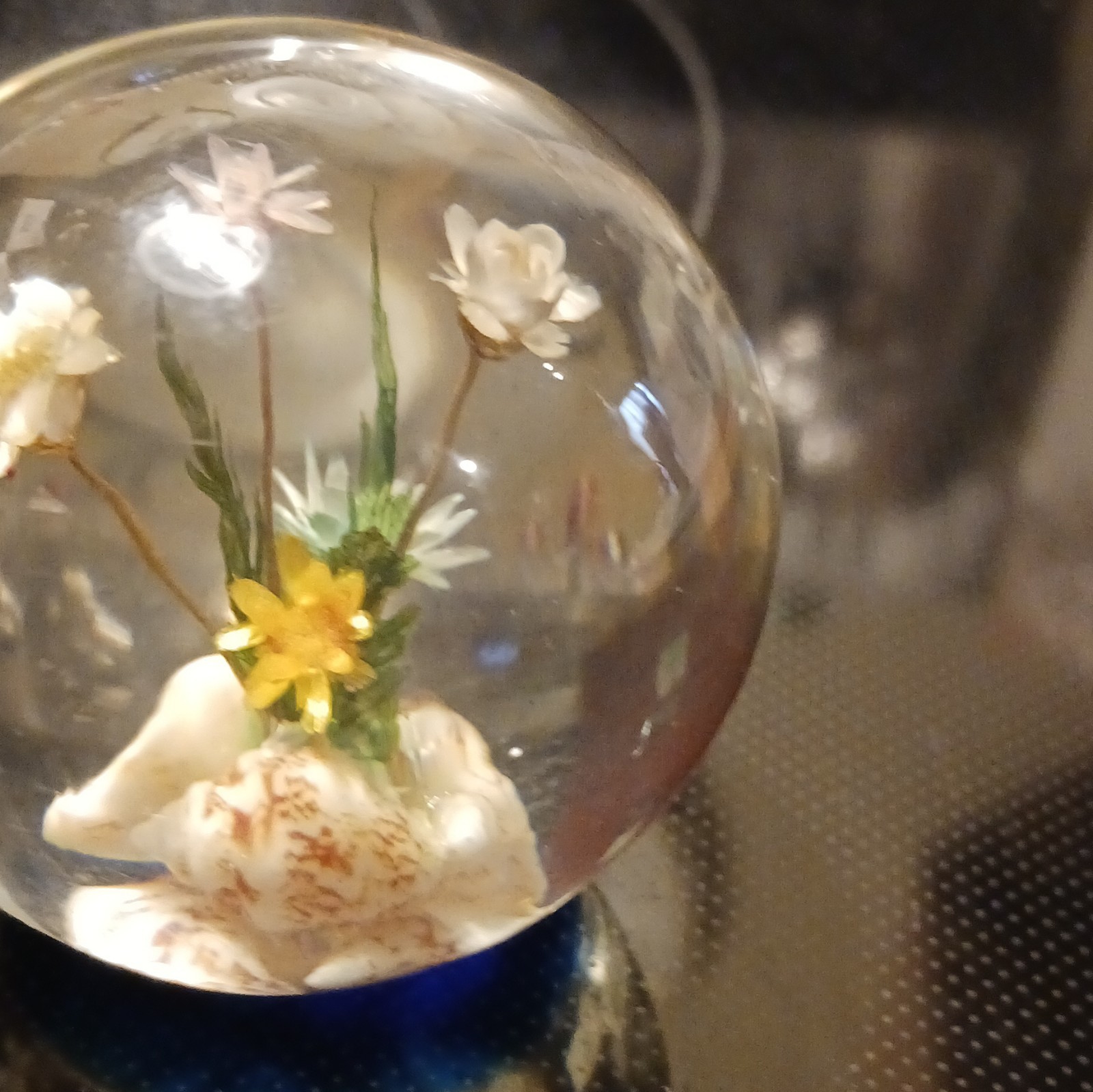 Decorative Clear Glass Paperweight Encased Flowers Floral Pattern Blue Base