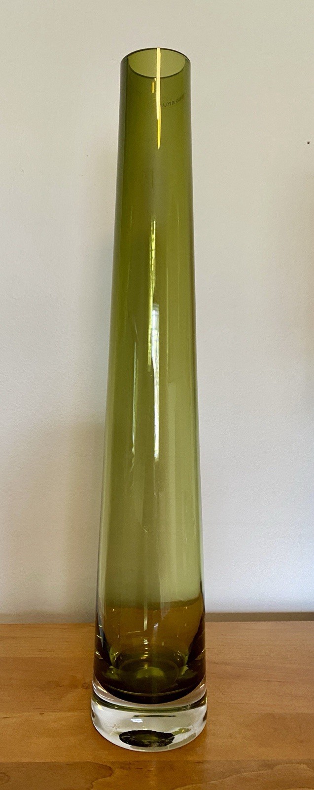 MCM Design Olive Green 18” Tapered Art Glass Vase Made In Poland 3.25” Base