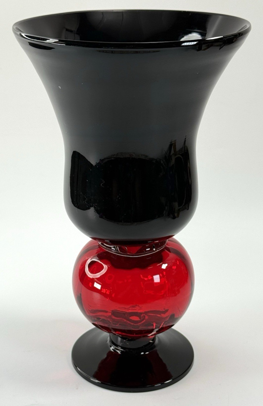 Heavy Pretty Black with Red Handblown Vase 10 1/2″ Tall
