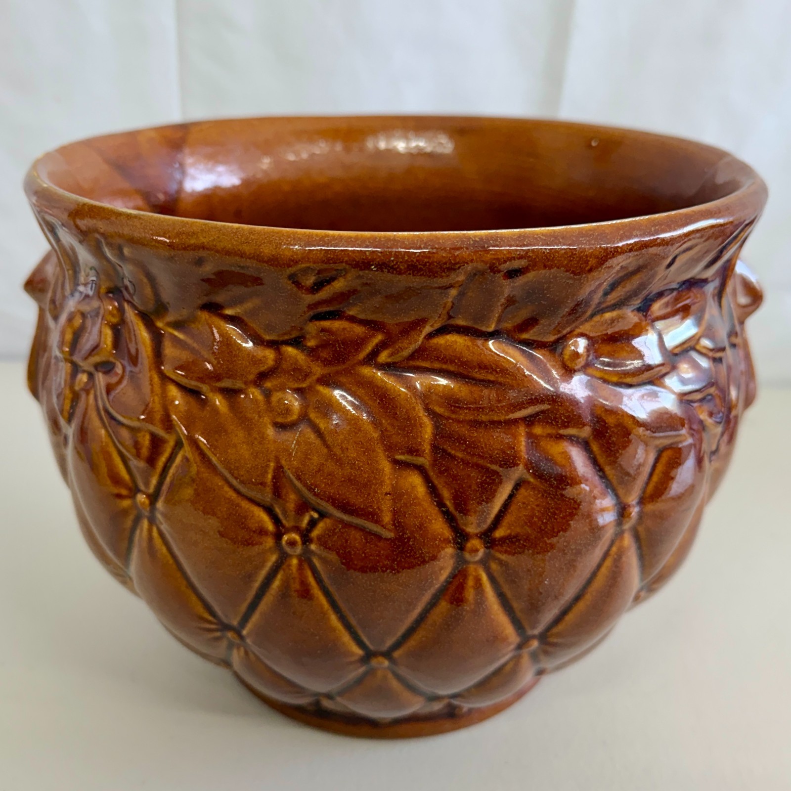 Vintage McCoy 1488 Brown Quilted Leaf Jardiniere Planter 8.75in USA