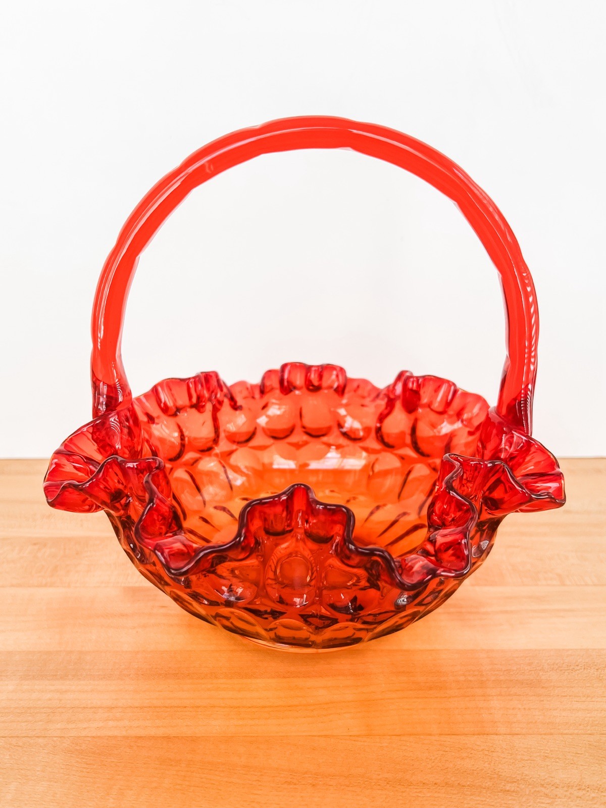 Vintage Orange Aberina Thumbprint Ruffled Edge Fenton Glass Basket Bowl 8×8