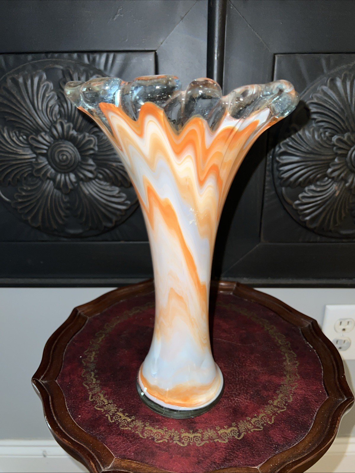 Beautiful MCM Orange And White Scalloped Top Glass Vase 11”