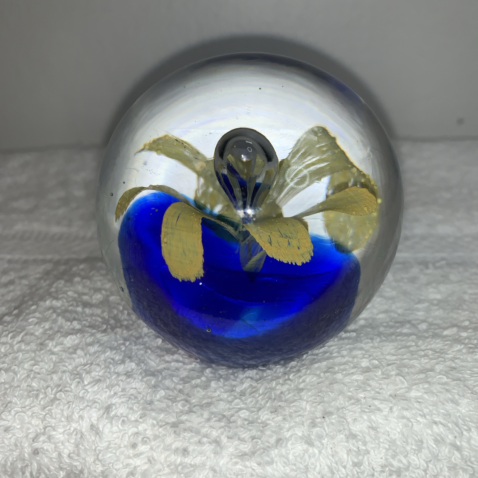 Vintage Art Glass Yellow Flower Clear Bubble Paperweight Bookend 2.25”T 2.5”W