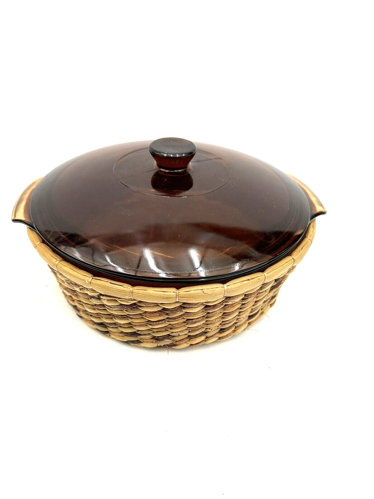 Vintage MCM Anchor Hocking Amber Casserole Dish with Lid & Basket 1-1/2 QT USA
